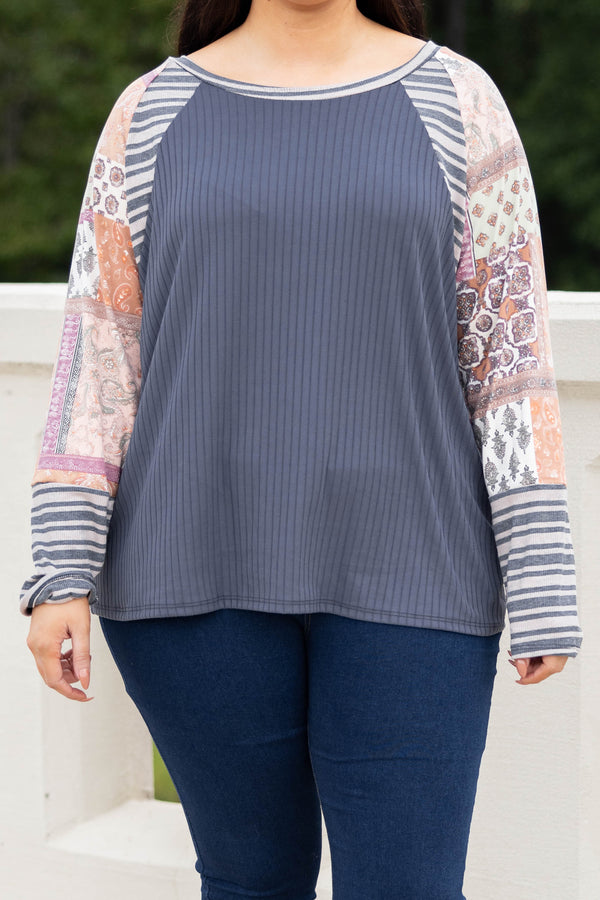 Chic Soul plus size clothing, grey/rust color block long sleeve top