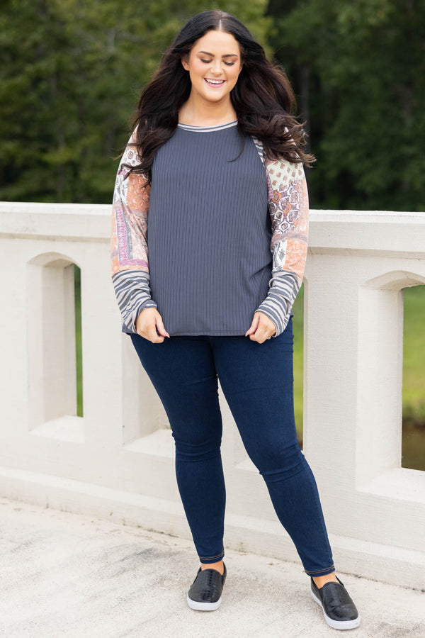 Chic Soul plus size clothing, grey/rust color block long sleeve top