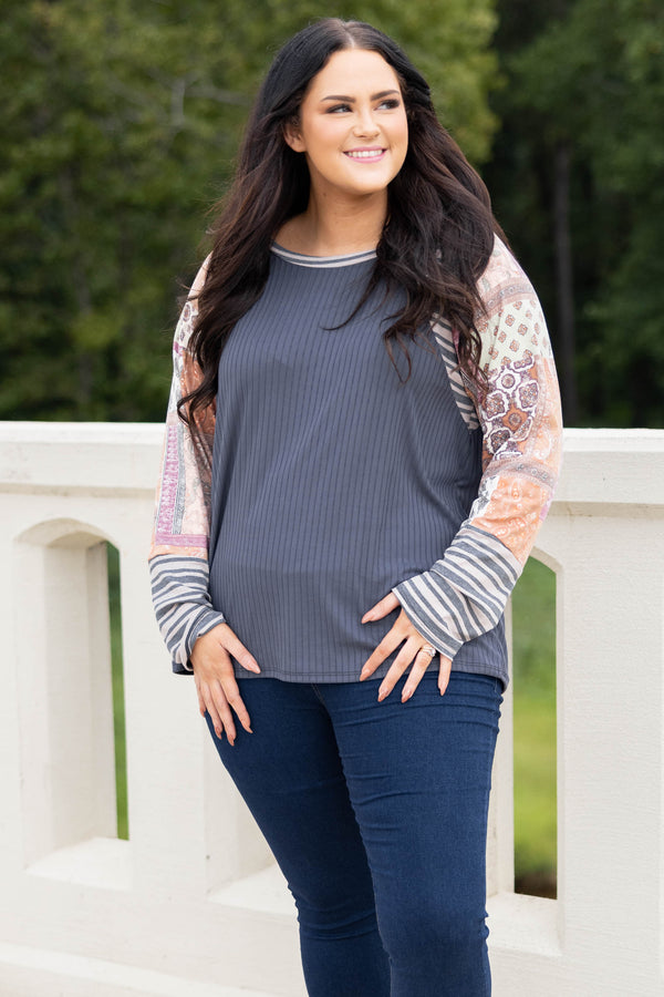 Chic Soul plus size clothing, grey/rust color block long sleeve top