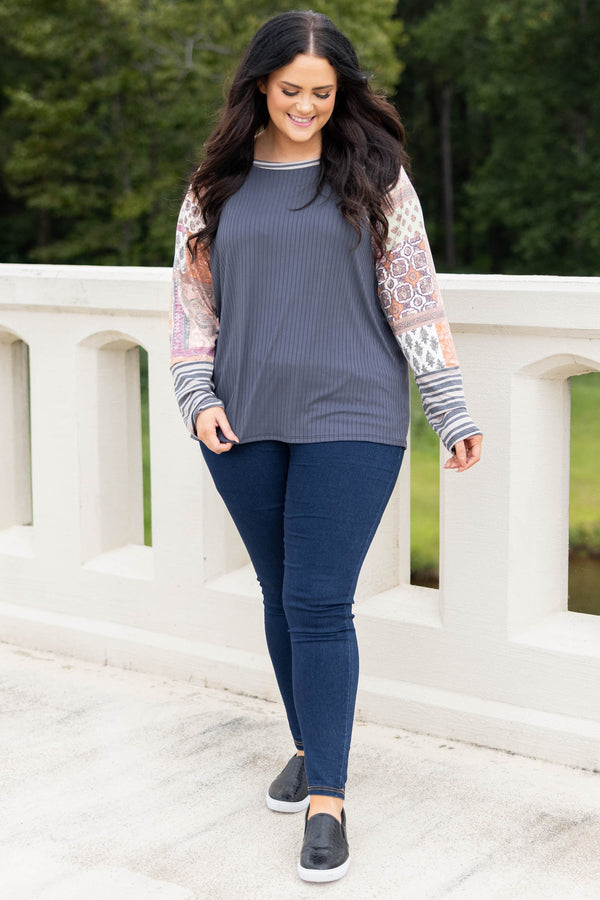 Chic Soul plus size clothing, grey/rust color block long sleeve top