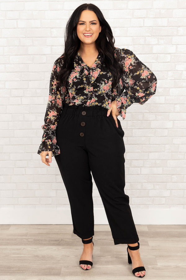 Chic Soul plus size clothing, black multicolor floral top with sheer sleeves and ruffles