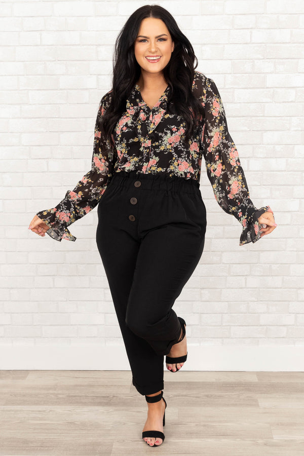 Chic Soul plus size clothing, black multicolor floral top with sheer sleeves and ruffles