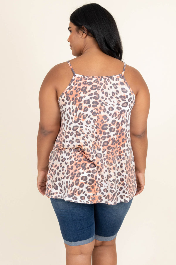 Chic Soul plus size clothing, coral brown tan leopard spaghetti strap sleeve top				