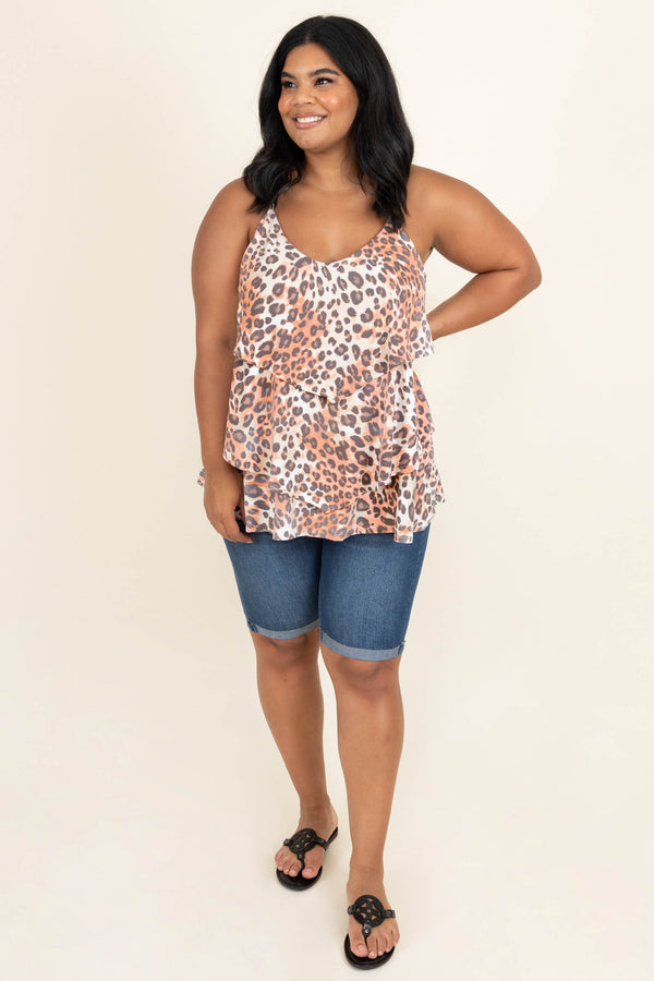 Chic Soul plus size clothing, coral brown tan leopard spaghetti strap sleeve top				