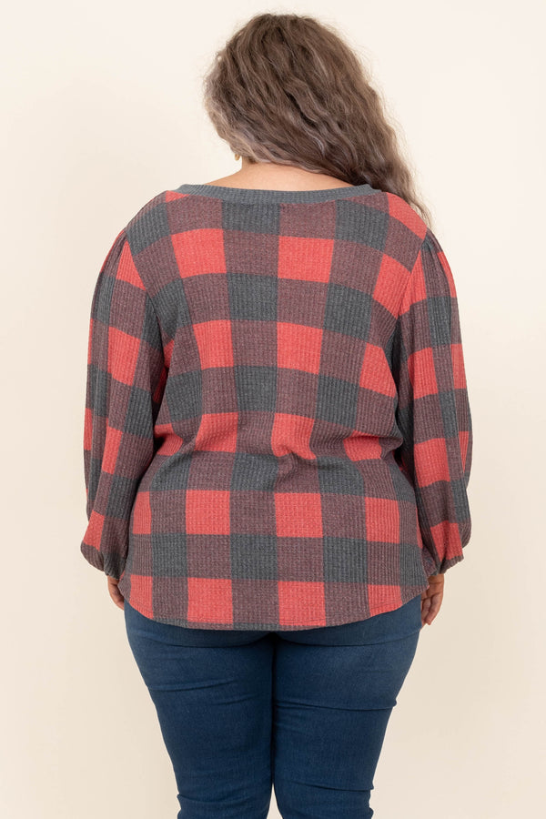 Chic Soul plus size clothing, red and grey long sleeve flannel patterned shirt
