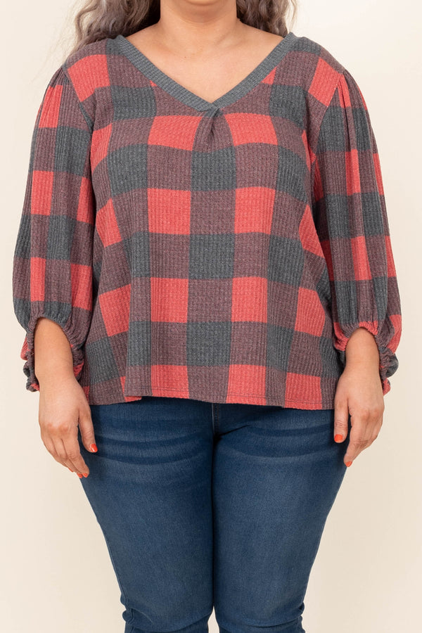 Chic Soul plus size clothing, red and grey long sleeve flannel patterned shirt