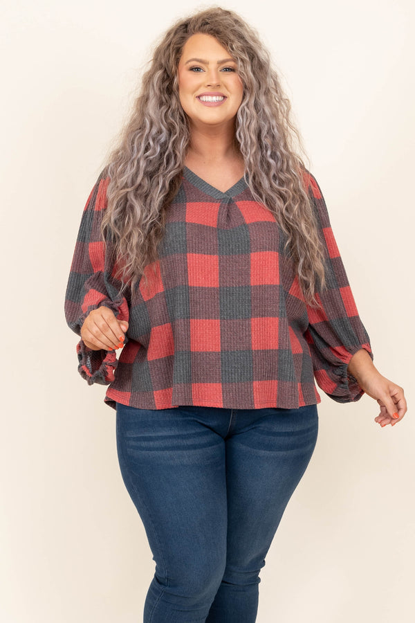 Chic Soul plus size clothing, red and grey long sleeve flannel patterned shirt