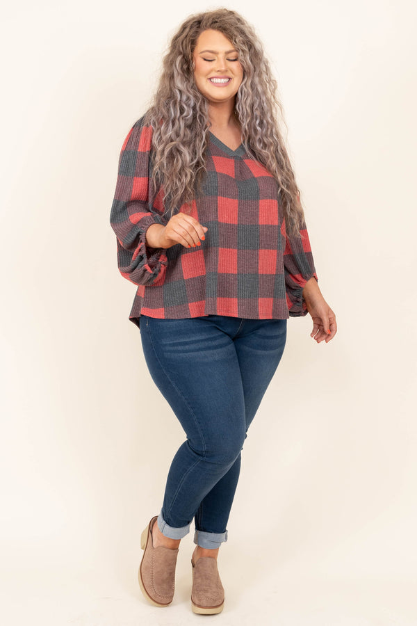 Chic Soul plus size clothing, red and grey long sleeve flannel patterned shirt