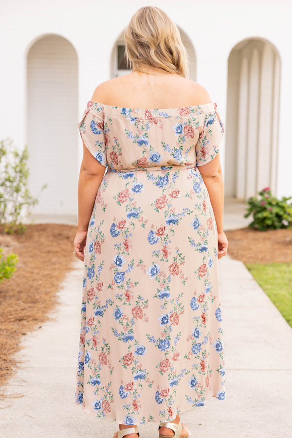 Chic Soul plus size clothing, dusty pink and blue floral off the shoulder with a slit maxi dress
