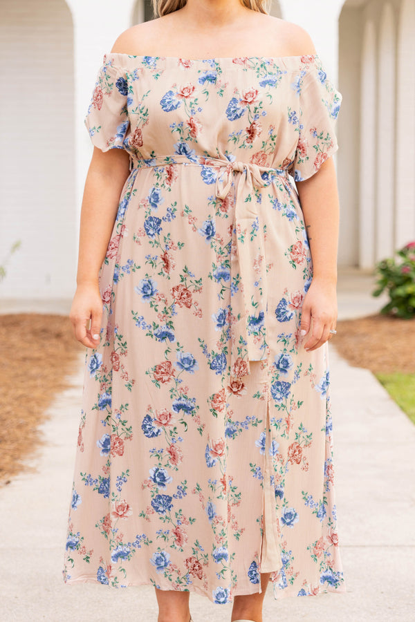 Chic Soul plus size clothing, dusty pink and blue floral off the shoulder with a slit maxi dress