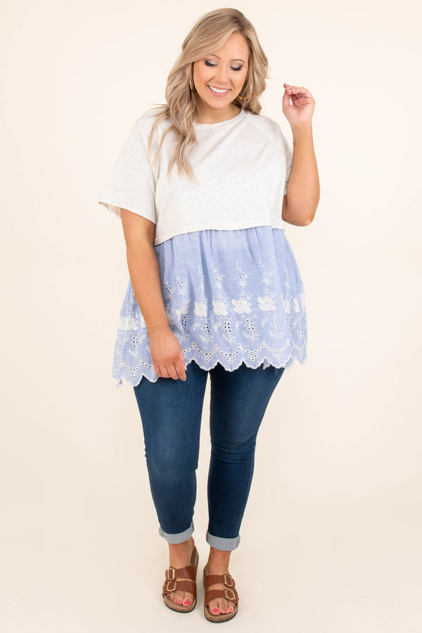 Chic Soul plus size clothing, ivory short sleeve top with blue babydoll lace-like bottom