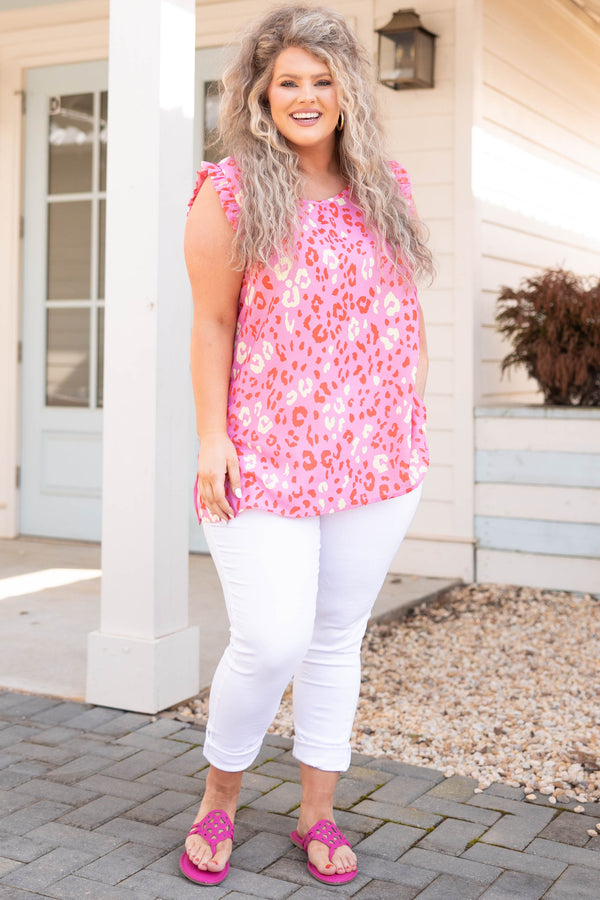 Chic Soul plus size clothing, pink top with leopard pattern and flutter sleeves