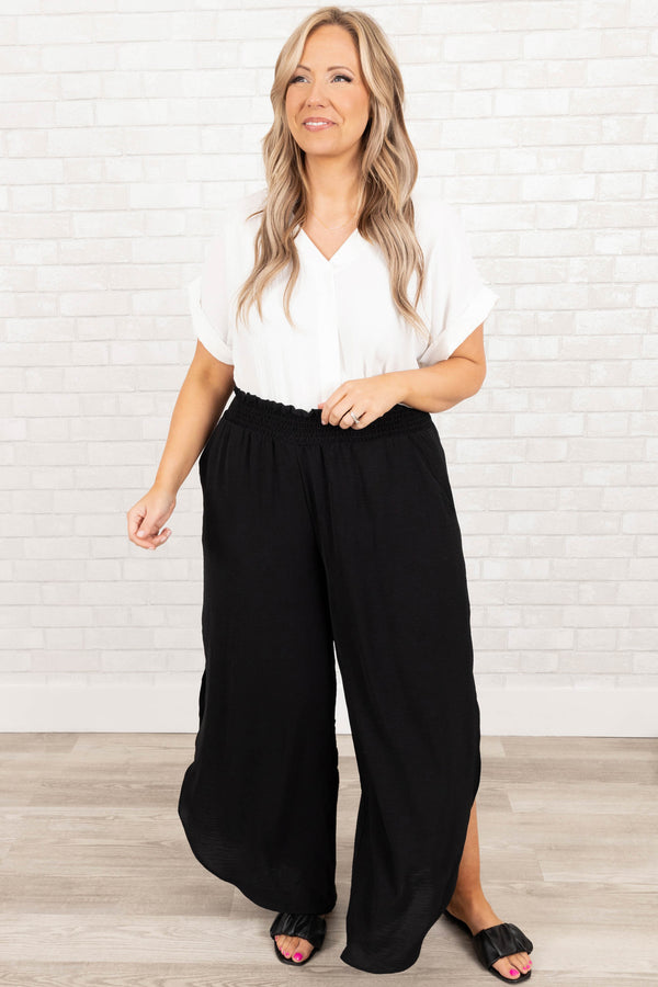 Chic Soul plus size clothing, black flowy pants with elastic waistband and pockets