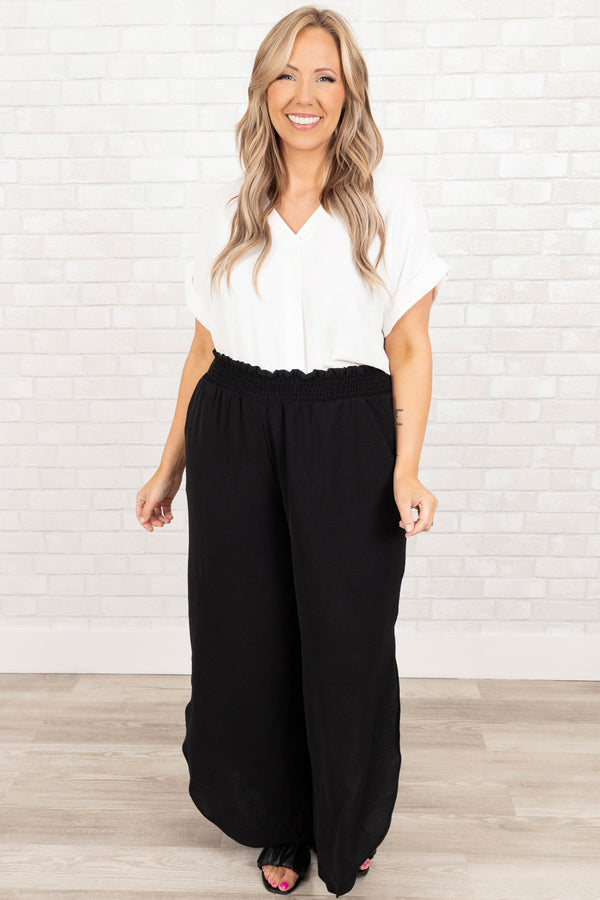 Chic Soul plus size clothing, black flowy pants with elastic waistband and pockets