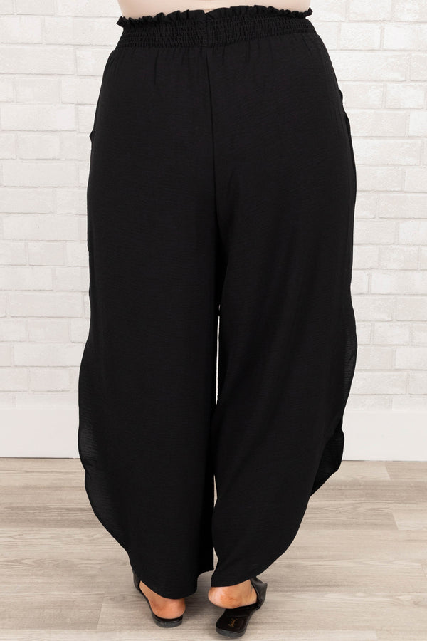 Chic Soul plus size clothing, black flowy pants with elastic waistband and pockets