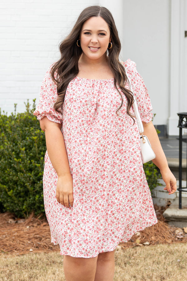 Chic Soul plus size clothing, coral pink white diainty floral pattern short puff sleeve square neck dress