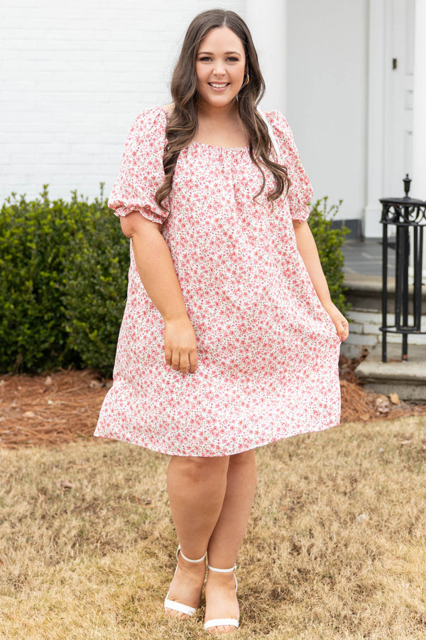 Chic Soul plus size clothing, coral pink white diainty floral pattern short puff sleeve square neck dress
