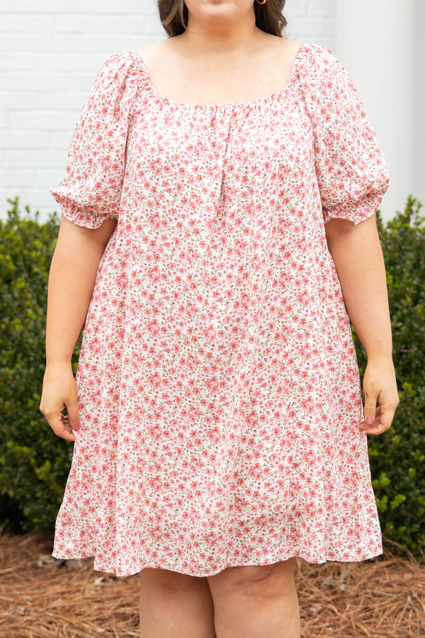 Chic Soul plus size clothing, coral pink white diainty floral pattern short puff sleeve square neck dress
