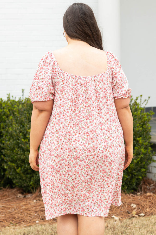 Chic Soul plus size clothing, coral pink white diainty floral pattern short puff sleeve square neck dress
