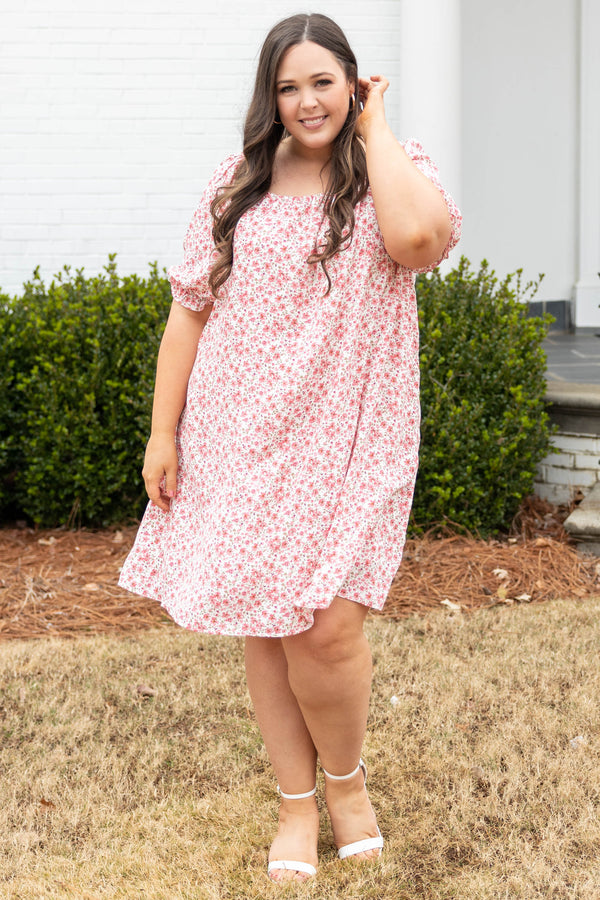 Chic Soul plus size clothing, coral pink white diainty floral pattern short puff sleeve square neck dress