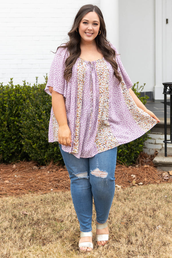 Chic Soul plus size clothing, lavender multi color floral scoop neck bell sleeve top