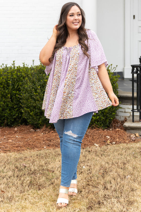 Chic Soul plus size clothing, lavender multi color floral scoop neck bell sleeve top