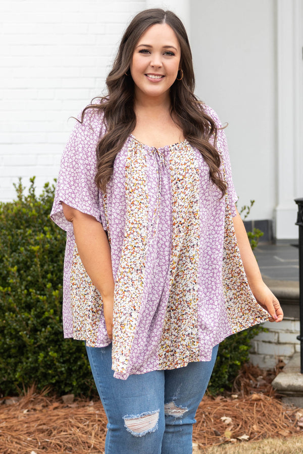 Chic Soul plus size clothing, lavender multi color floral scoop neck bell sleeve top