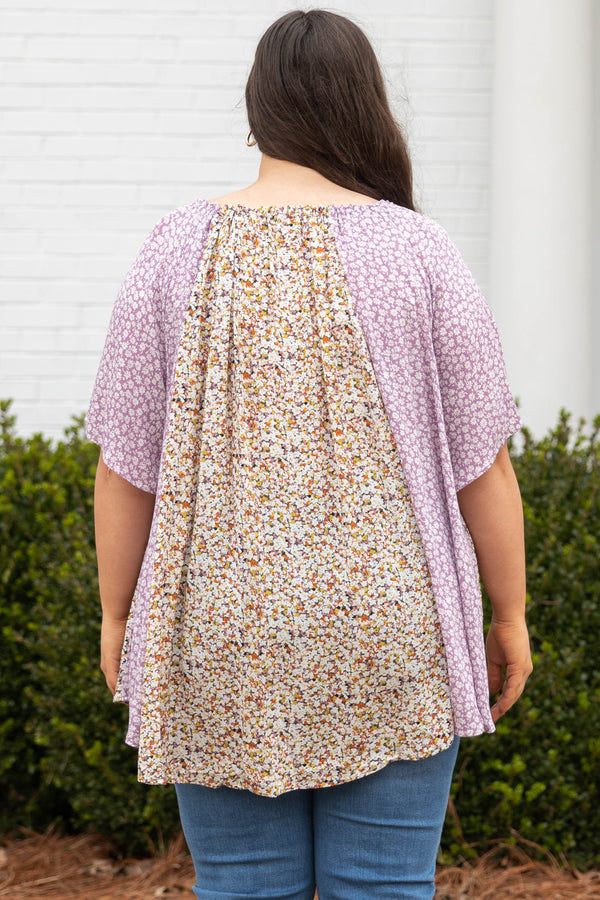 Chic Soul plus size clothing, lavender multi color floral scoop neck bell sleeve top