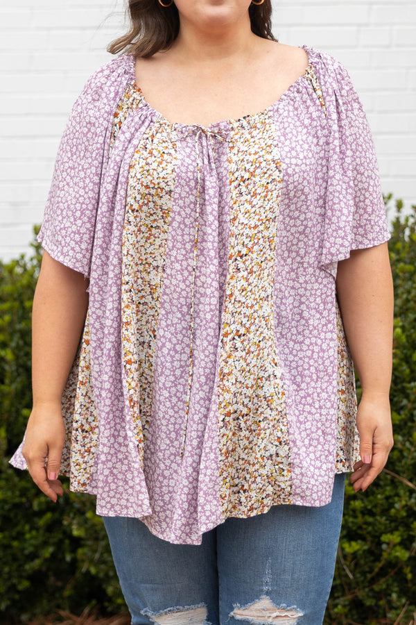 Chic Soul plus size clothing, lavender multi color floral scoop neck bell sleeve top