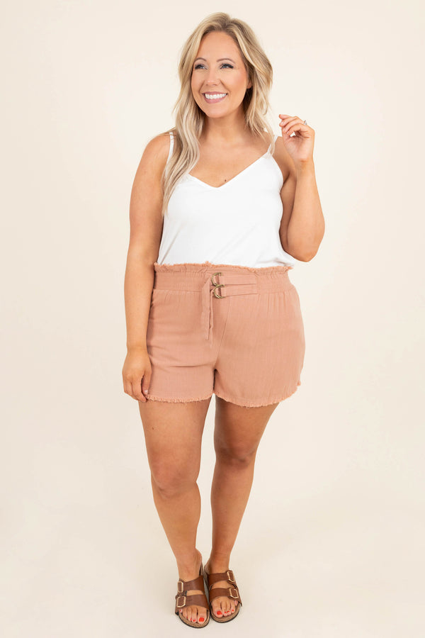 Chic Soul plus size clothing, peach casual shorts with double belted detailing on waist