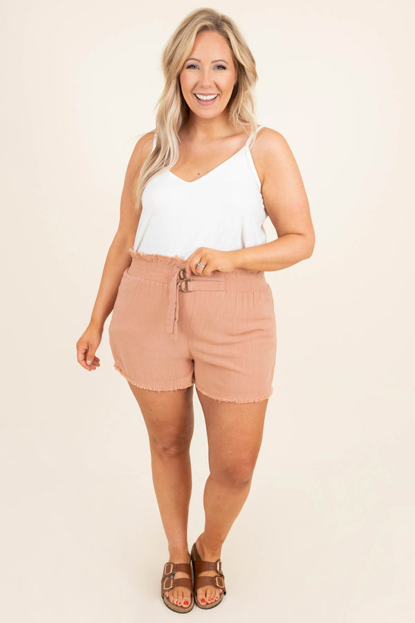 Chic Soul plus size clothing, peach casual shorts with double belted detailing on waist