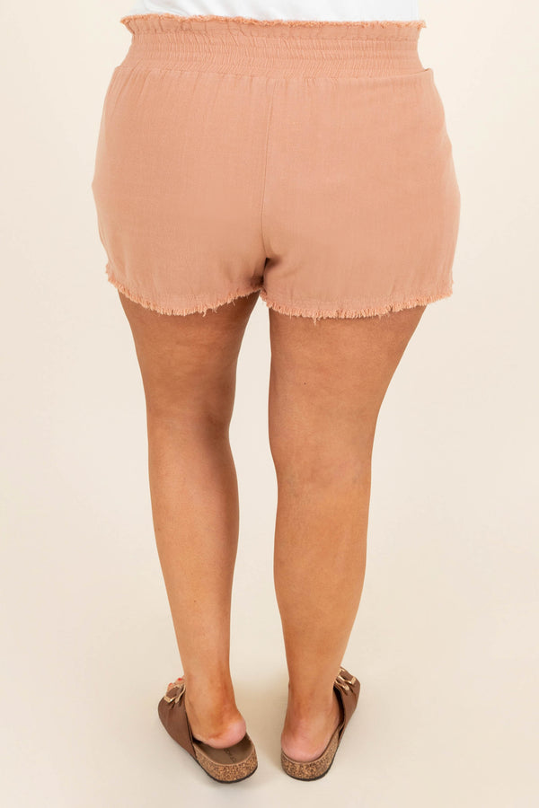 Chic Soul plus size clothing, peach casual shorts with double belted detailing on waist