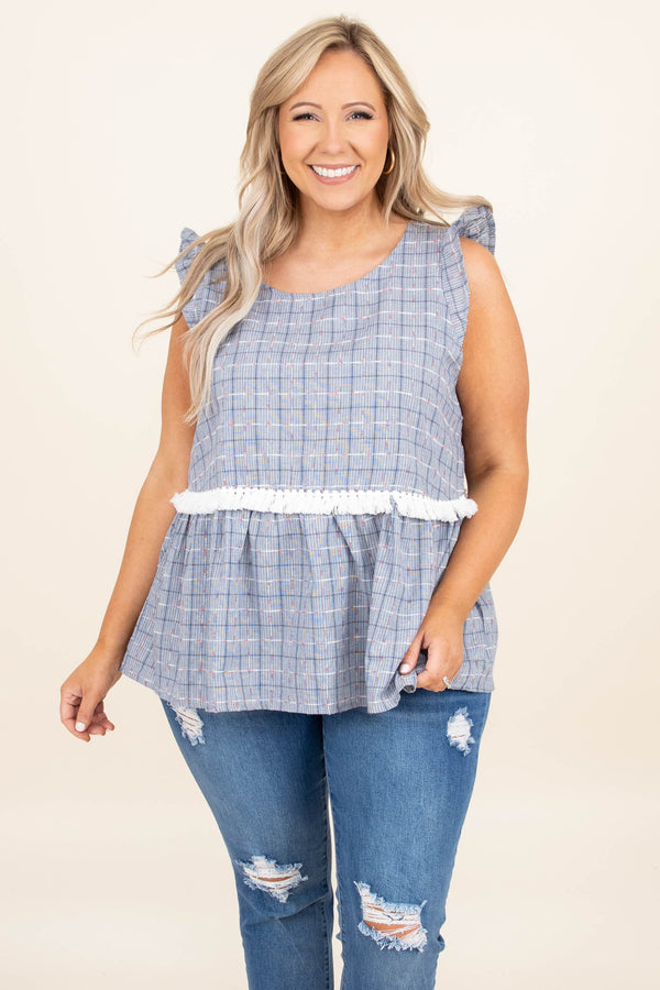 Chic Soul plus size clothing, navy white plaid pattern babydoll tank top with ruffle straps