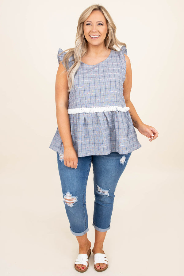 Chic Soul plus size clothing, navy white plaid pattern babydoll tank top with ruffle straps