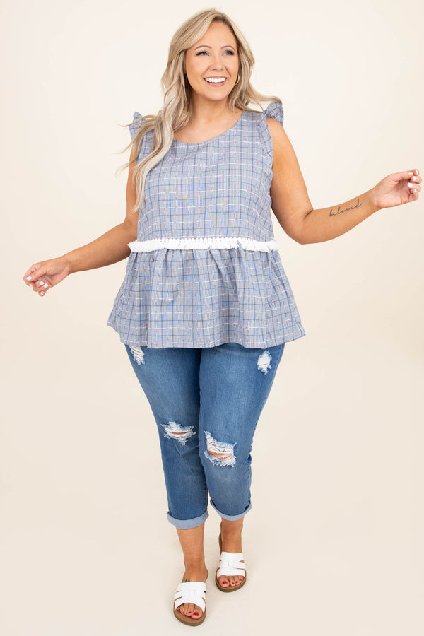 Chic Soul plus size clothing, navy white plaid pattern babydoll tank top with ruffle straps