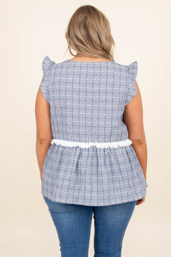 Chic Soul plus size clothing, navy white plaid pattern babydoll tank top with ruffle straps