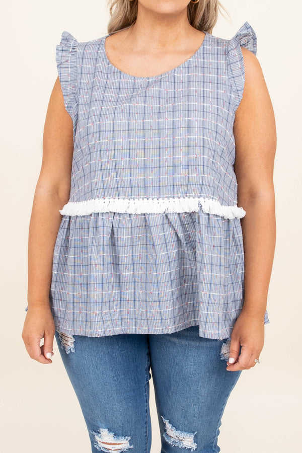 Chic Soul plus size clothing, navy white plaid pattern babydoll tank top with ruffle straps