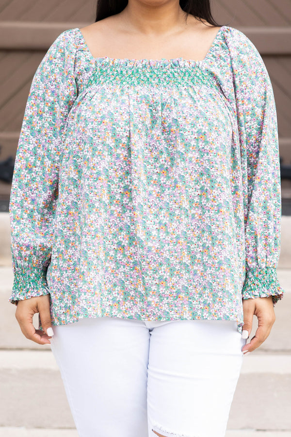 Chic Soul plus size clothing, green floral patterned top with smocked detailing