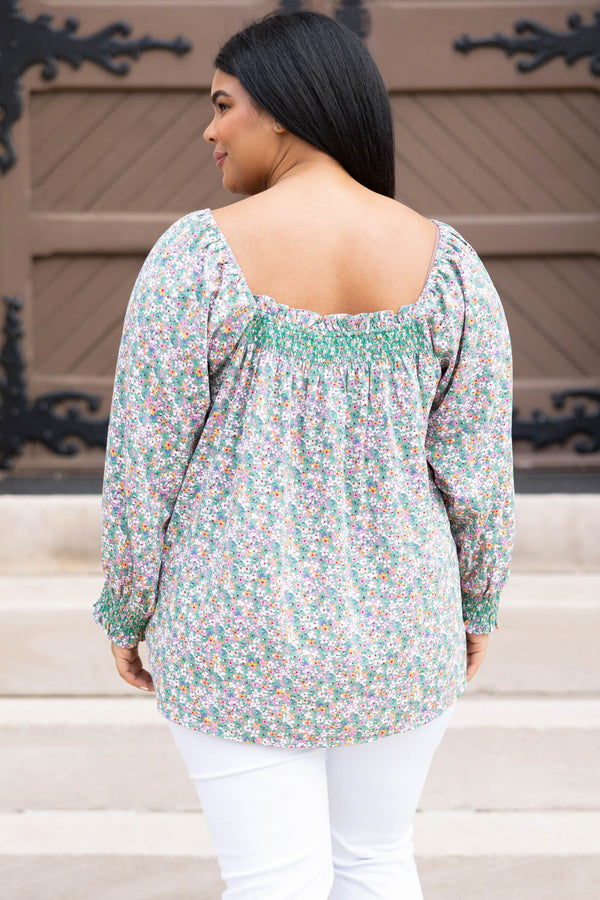 Chic Soul plus size clothing, green floral patterned top with smocked detailing