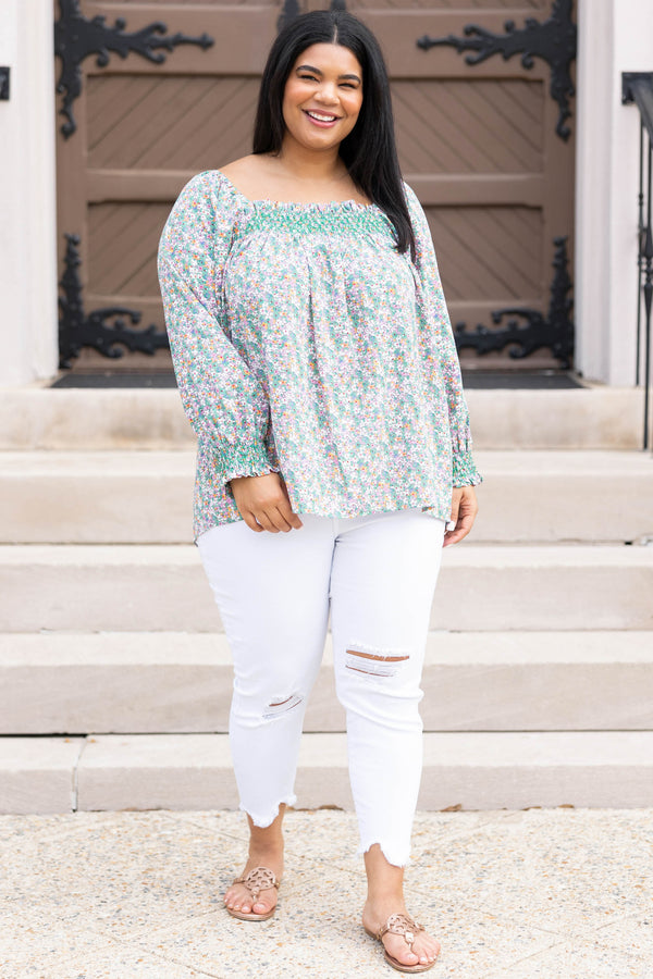 Chic Soul plus size clothing, green floral patterned top with smocked detailing