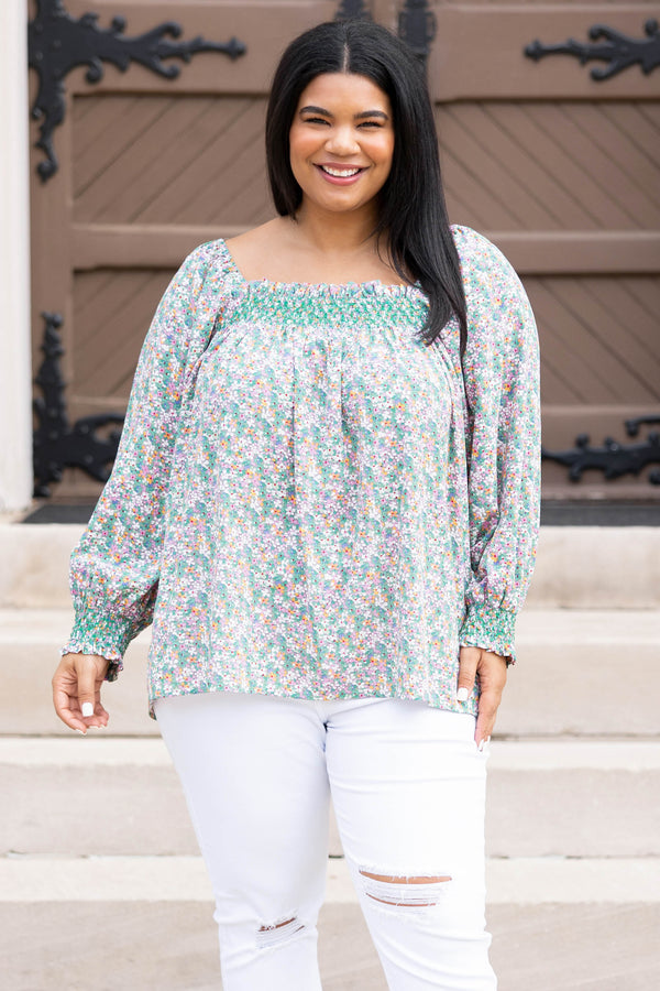 Chic Soul plus size clothing, green floral patterned top with smocked detailing