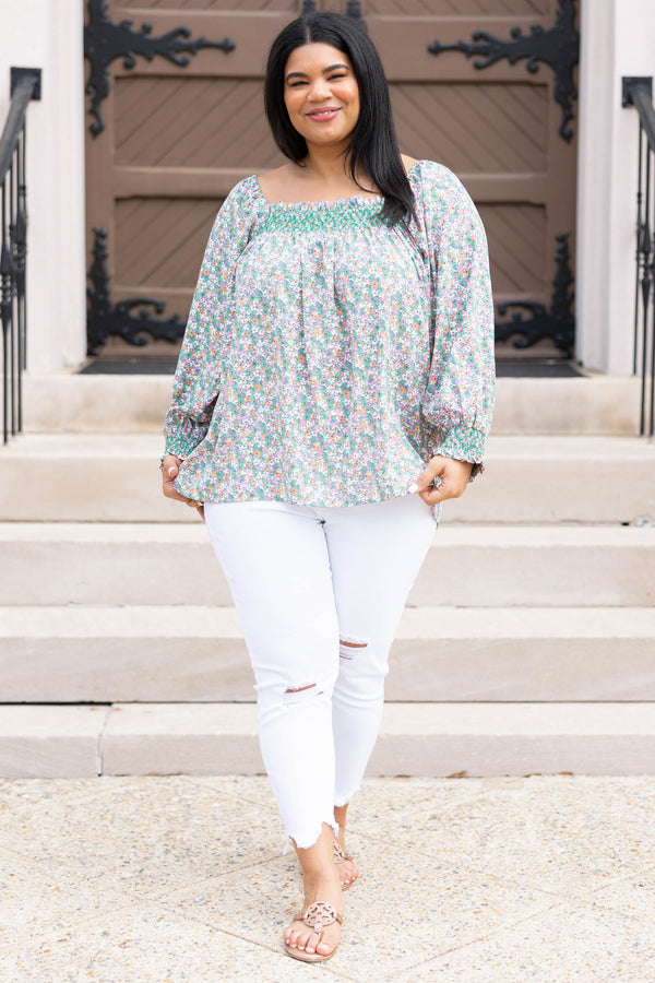 Chic Soul plus size clothing, green floral patterned top with smocked detailing