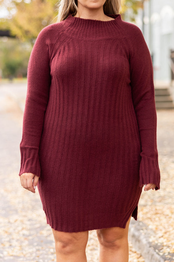 Chic Soul plus size clothing, burgundy solid long sleeve sweater dress