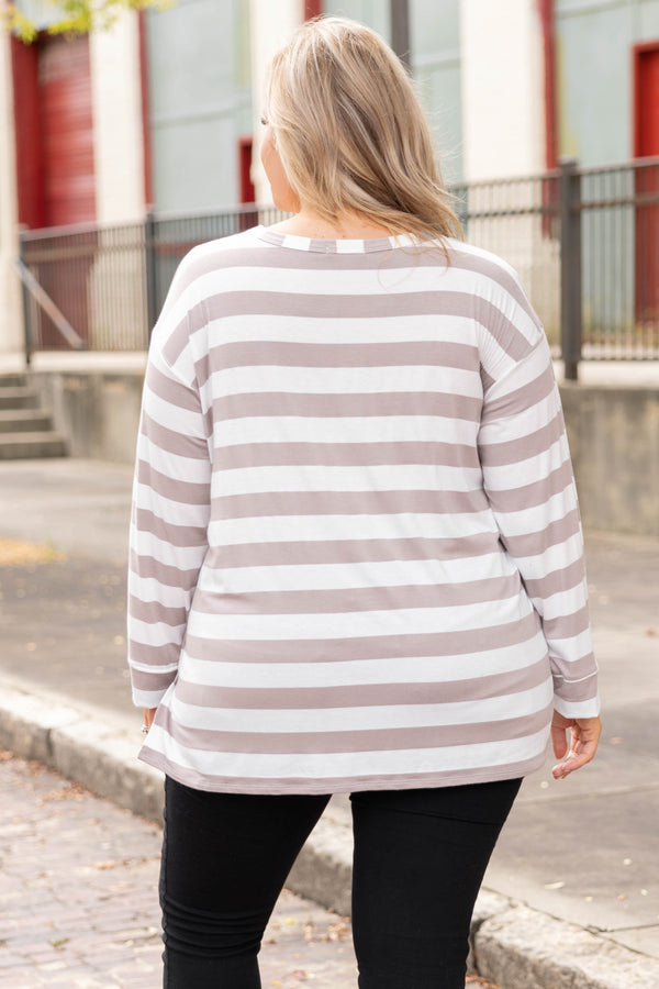 Chic Soul plus size clothing, mocha stripped long sleeve casual top