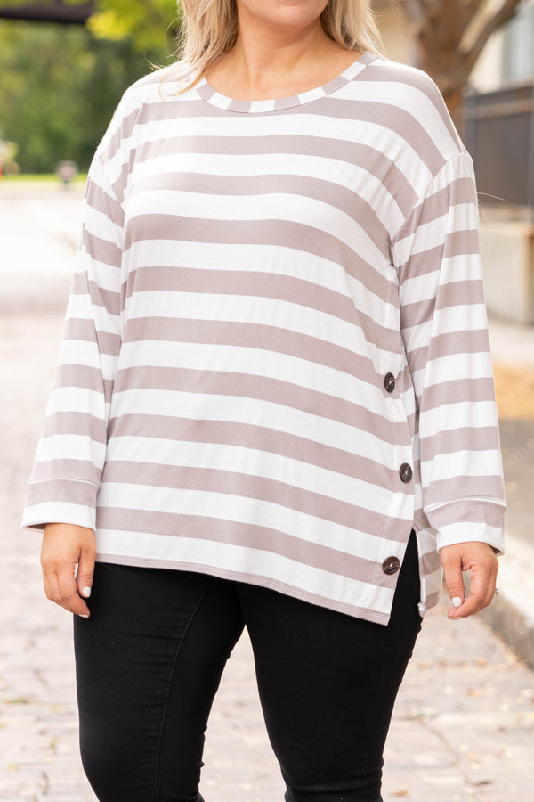 Chic Soul plus size clothing, mocha stripped long sleeve casual top