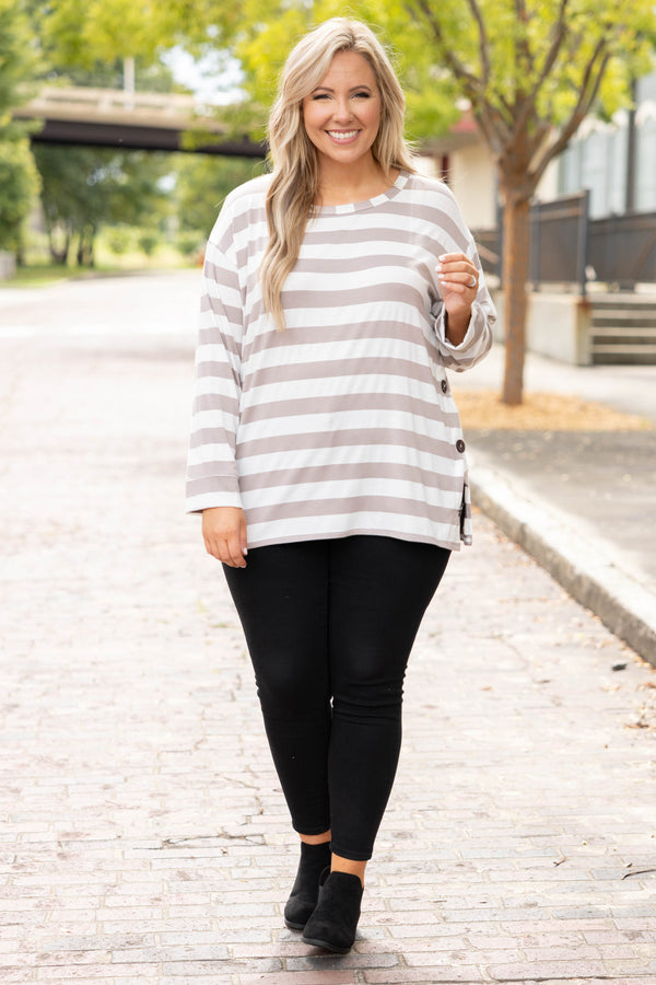 Chic Soul plus size clothing, mocha stripped long sleeve casual top
