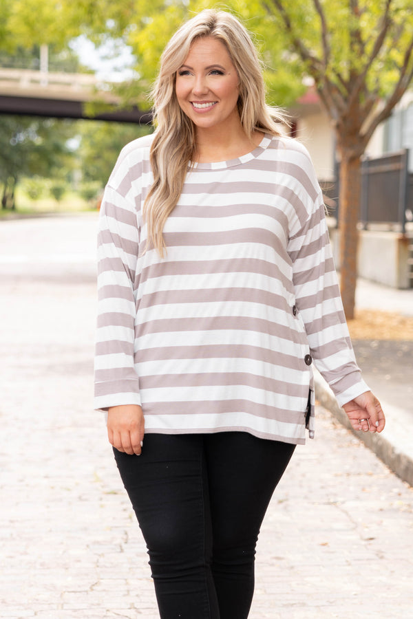 Chic Soul plus size clothing, mocha stripped long sleeve casual top