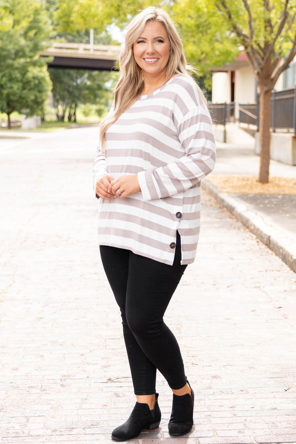 Chic Soul plus size clothing, mocha stripped long sleeve casual top