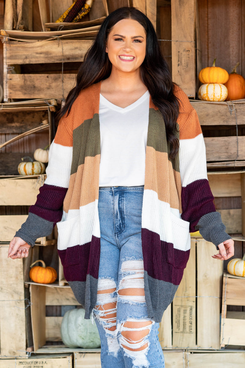 So Cozy Oversized Striped Knit Duster - Olive Multi