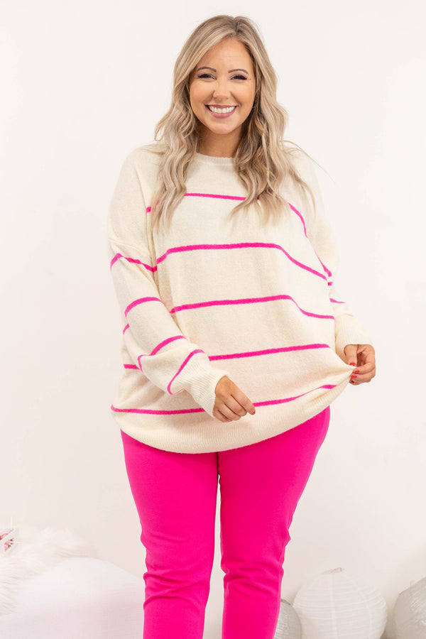 Chic Soul plus size clothing, white sweater with hot pink horizontal stripes and long sleeves